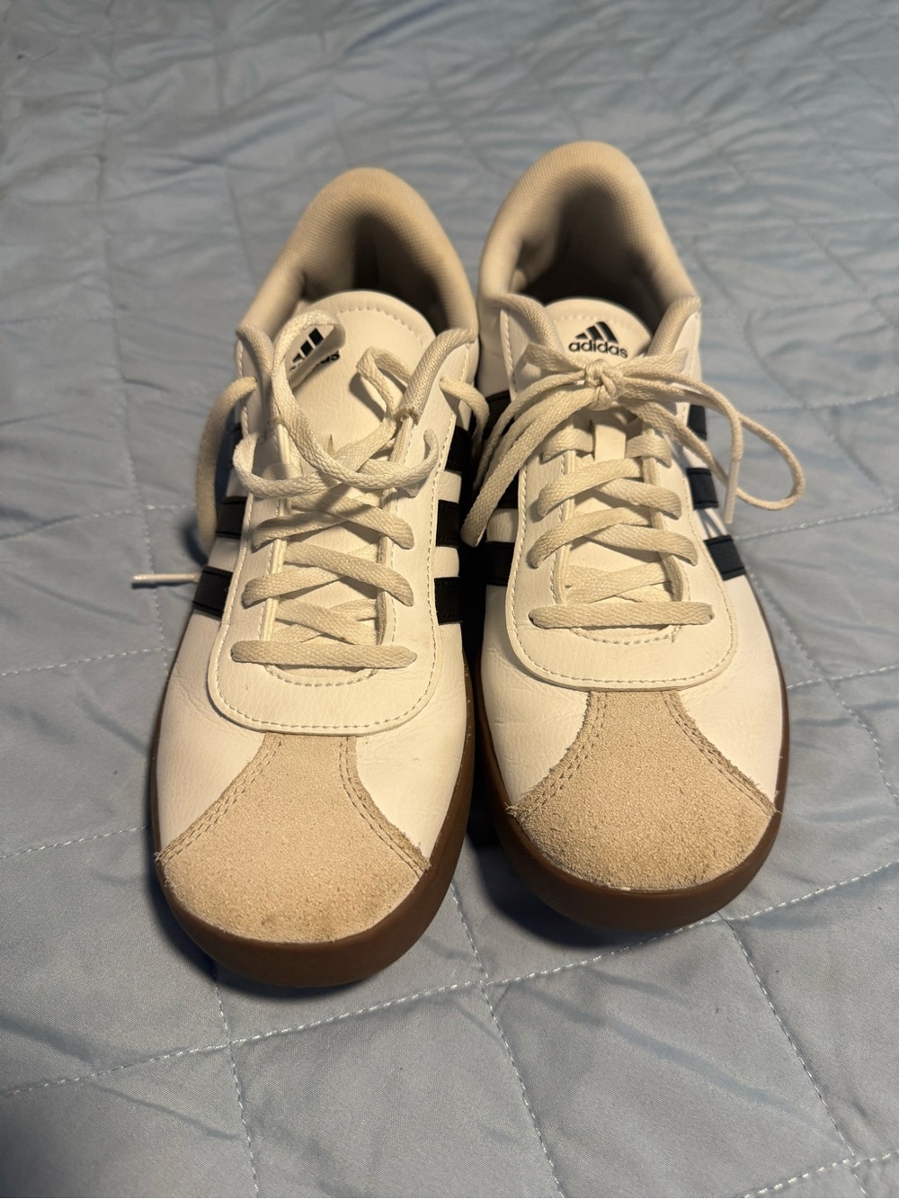 adidas Kids White Sneakers with Black Stripes and Tan Accents